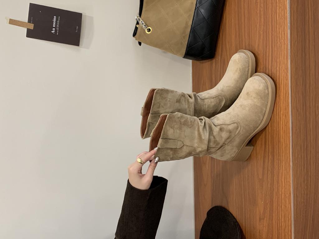 Round head pleated pile boots women's 2025 new medium tube knight boots retro western cowboy boots maillard short boots