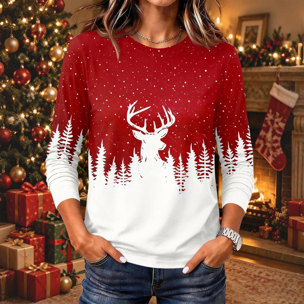 Women's Christmas Print Neck Long Sleeve Pullover Top