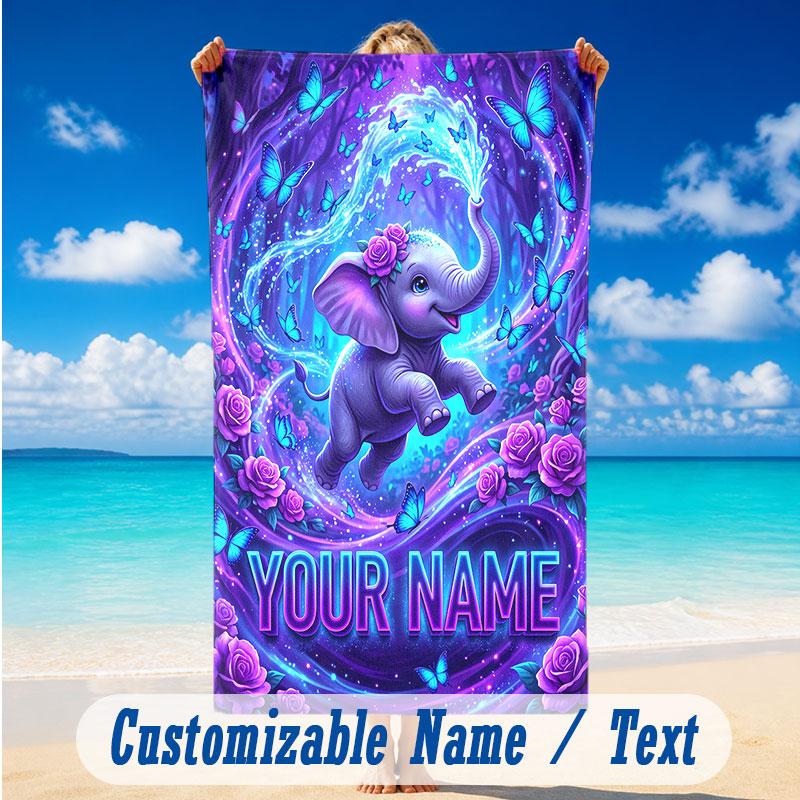 Elephant Theme Beach Towel Personalized Custom Name & Text Soft Quick Dry Beach Towel for Swimming Travel