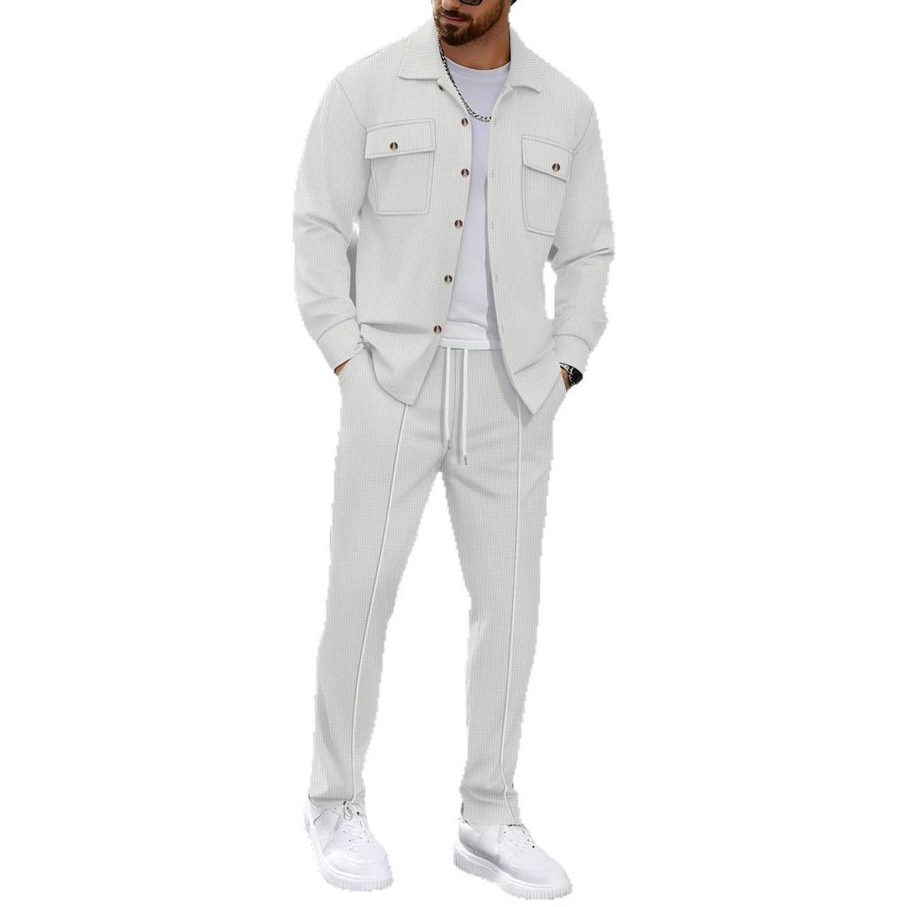 Men's Double-Pocket Waffle Two-Piece Set: Long-Sleeved Shirt and Pants for Autumn