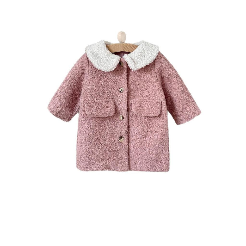 2025 New: Toddler French Chic Pink Wool Coat with White Fur Collar
