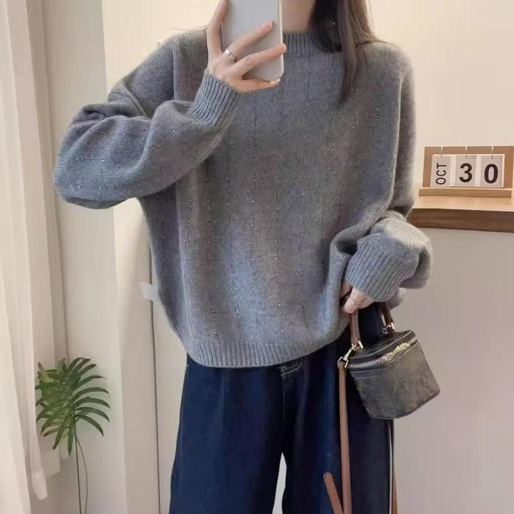 Round-neck Sweater Loose Long-sleeved Pullover for Women Solid-color Knitwear for Autumn and Winter Thickened Base Layer Laid-back Knitted Sweater Top