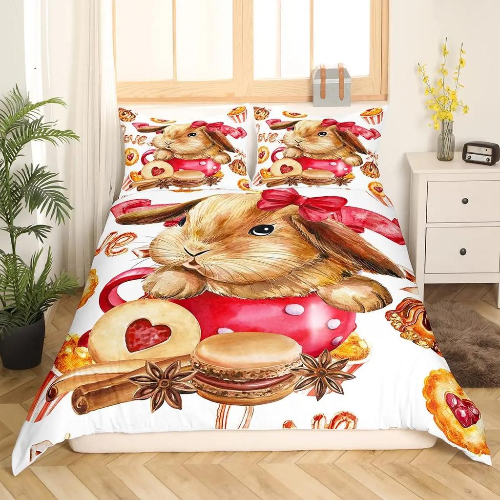 Children Cute Cartoon Bunny Printing Duvet Cover for Kids Girls Boys Rabbit Takes Balloon White Duvet Cover Bedroom Decorations