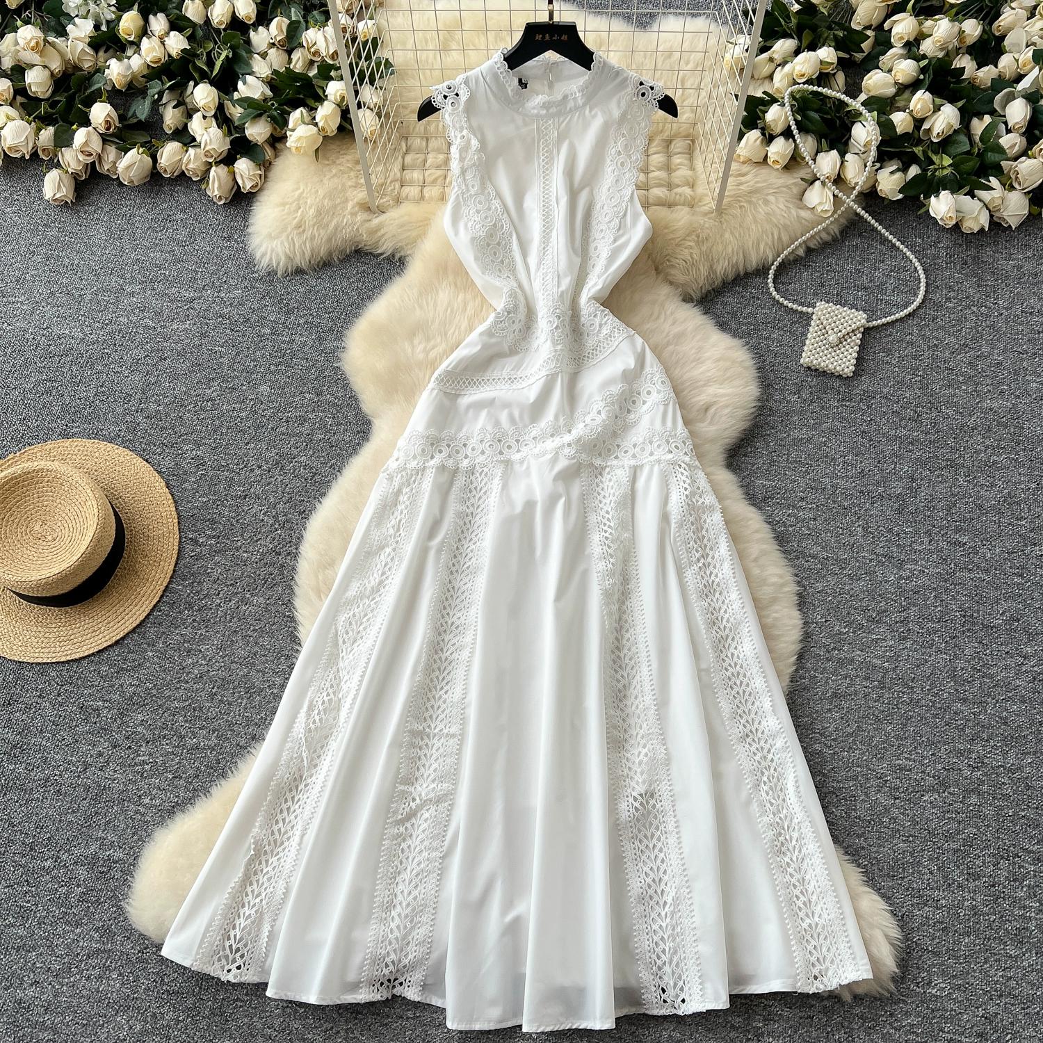 

Летние женские элегантные без рукавов ажурные вышитые кружевные пэчворк длинные макси тонкие вечерние платья L белый