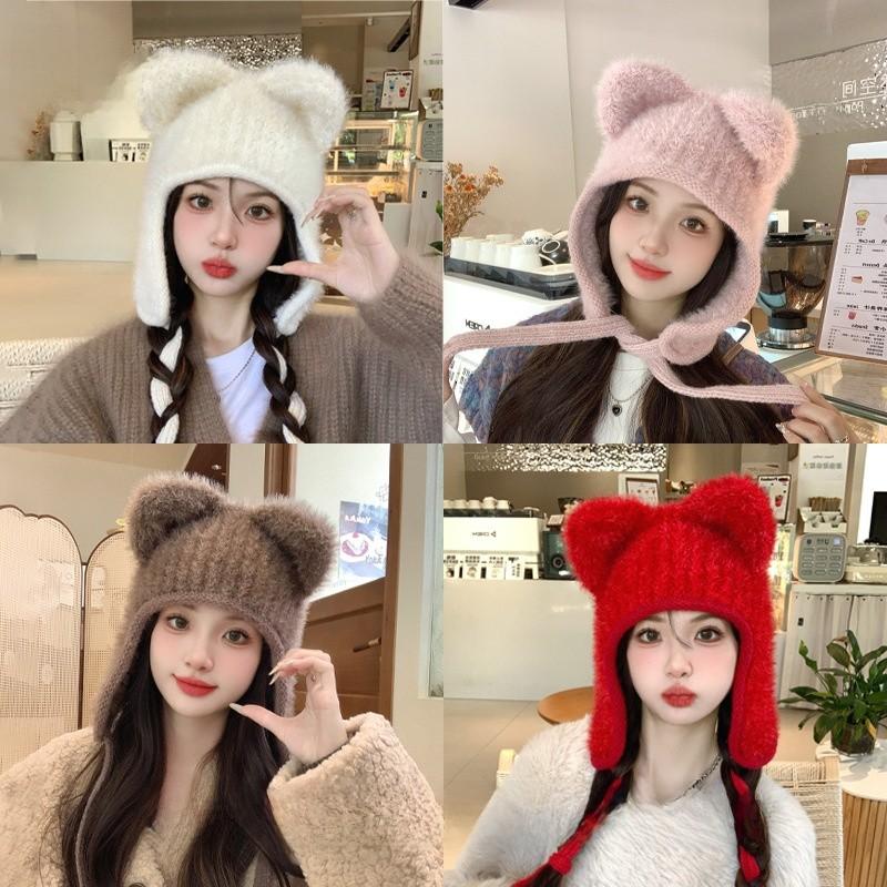 Style Knit Hat For Women With Plush Bear Ears Warm Winter Beanie For Casual Fashion
