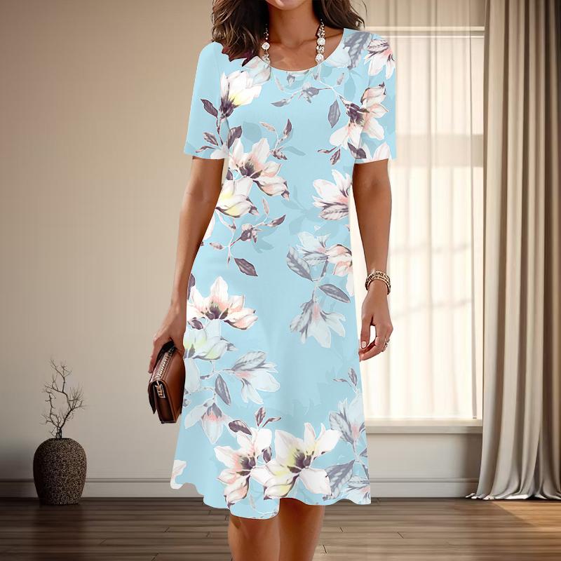 

Женская мода изящный цветочный принт лето весна короткий рукав О-образный вырез повседневные платья 4XL синий