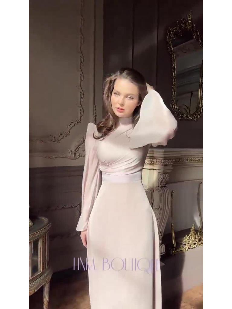 2024 Women's French Style High Neck Long Sleeve Waist-Cinched Maxi Dress