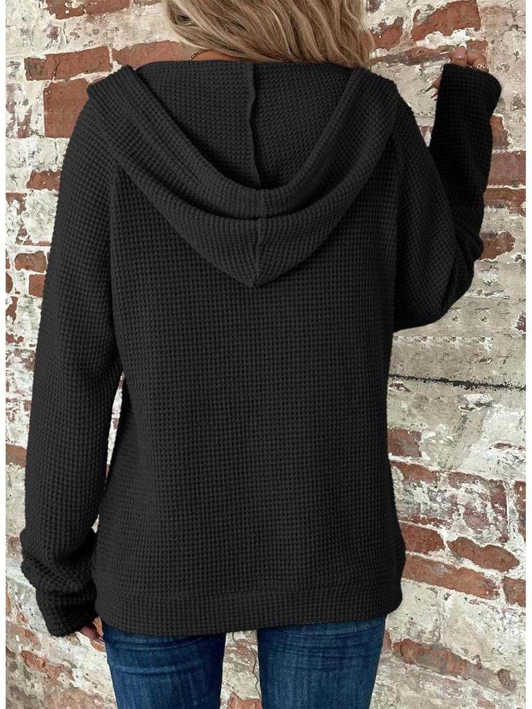 2025 Women's Waffle Knit Hooded Sweatshirt - Autumn/Winter Casual Long Sleeve with Drawstring