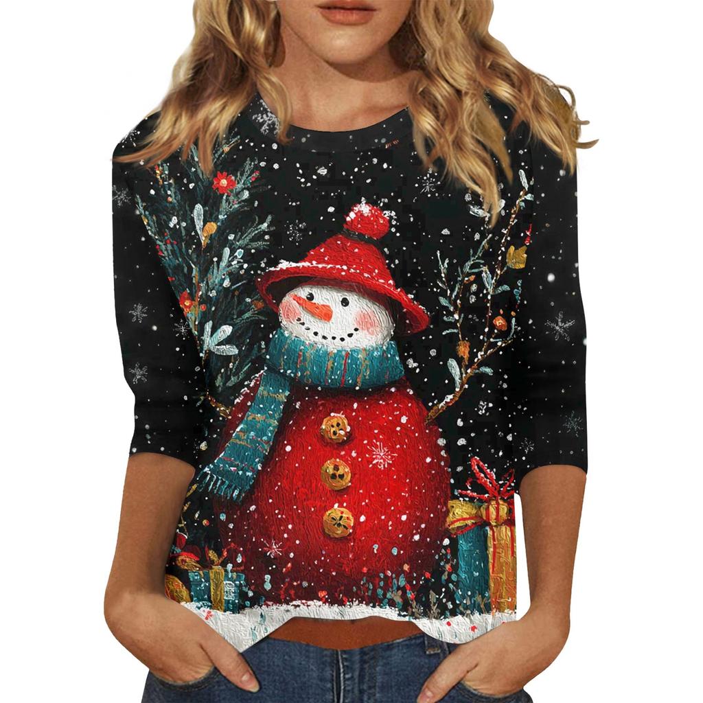 3/4 Sleeve Shirts For Women Print Christmas Tees Blouses Casual Plus Size Basic Tops Pullover