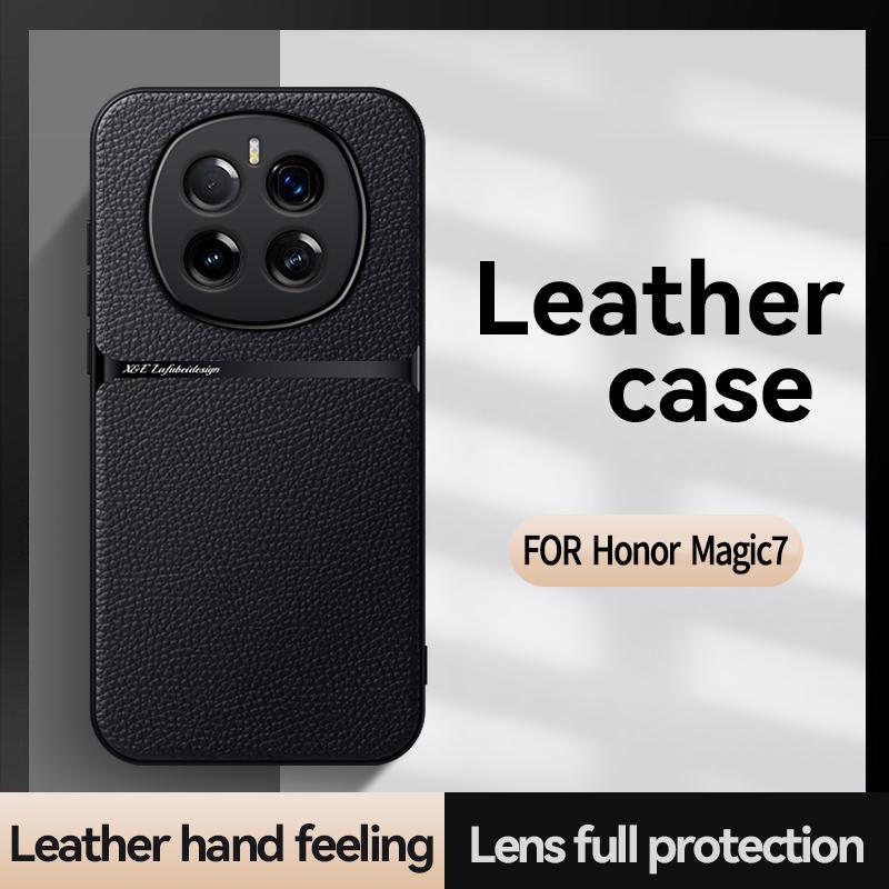 For Honor Magic 7 7 Pro Leather Texture Built-in Magnetic TPU Soft Edge Anti-drop Anti-fingerprint Phone Case