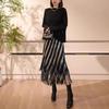 Black White Striped Fringe Skirt Women Elegant Simple Pleated Midi Casual Skirts