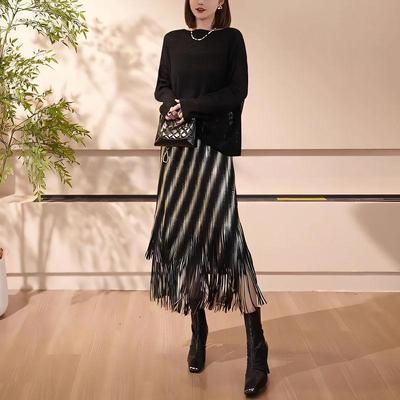 Black White Striped Fringe Skirt Women Elegant Simple Pleated Midi Casual Skirts