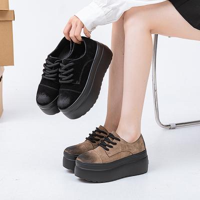 Platform Casual Board Shoes Spring and Autumn 2025 New Versatile Matte Cowhide Low-top Lace-up Simple Fashion Solid Color Tide