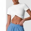 Damen Rundhals Kurzarm Crop Top mit verdrehter Vorderseite Schnell trocknendes Trainings-Yoga-T-Shirt
