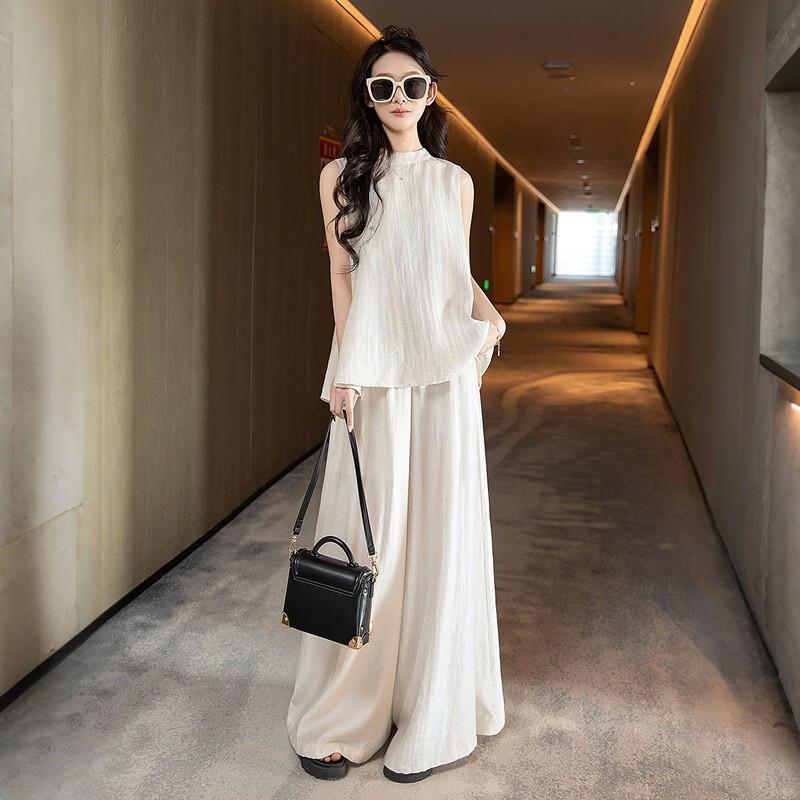 Women's Linen Blend Two-Piece Set with Loose Top & Wide-Leg Pants