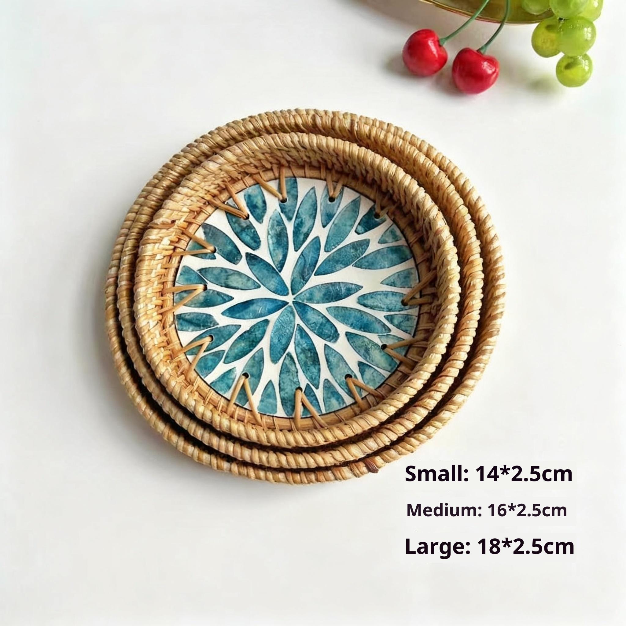 

Round Seashell Snack Tray, Woven Rattan Serving Platter for Living Room, Dessert, Pastry, Tea Cup Coaster