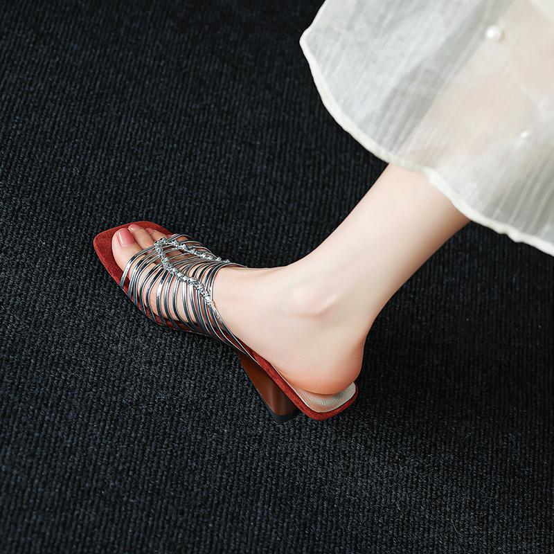 6Cm~ Special-shaped Heel French Retro Temperament Thin Band Wedge Heel High Heels Not Tired Feet Beautiful Roman Cool Slippers Women's Summer