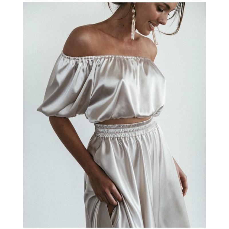 Women's Split Skirt One Line Neckline Satin Sexy Crop Skirt