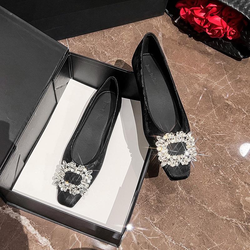 Enkelskor dam nya temperament strass fyrkantigt spänne platta skor låg skärning fyrkantig tå platt klack mjuk sula damskor