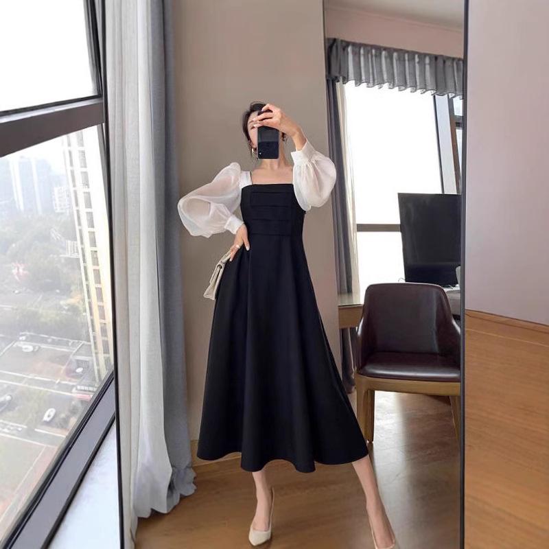 New Season Retro Spliced Square Neck Black Mesh Long Sleeve Dress