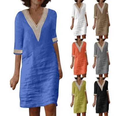 Ladies Lace Stitching V Neck Embroidered Exquisite Embroidered Lace Short Sleeve Cotton Linen Dress Summer Linen  Dress