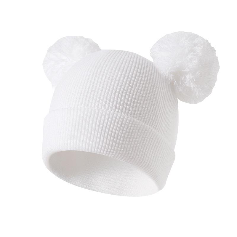 Shein Autumn Winter Warm Knitted Baby Hat with Double Pom-poms, Korean Style