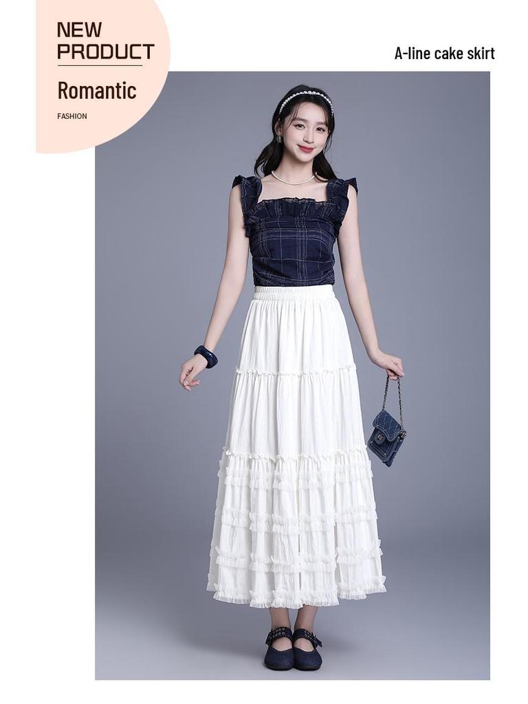2026 Summer Women's Korean A-Line White Midi Skirt – High Waist, Lace Trim, Drape Design