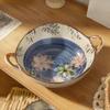 Japanese-style Ceramic Soup Bowl with Handle 800ml, Underglaze Color Floral Serving Bowl for Stew, Pasta Cereal, Microwave and Oven Safe, 1pc