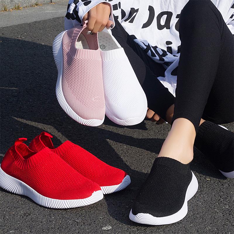 Fashion 2025 Women Shoes Knitting Sock Sneakers Women Flat Shoes Casual Breathable Sneakers Flats Walking Shoes for Women Pink 43