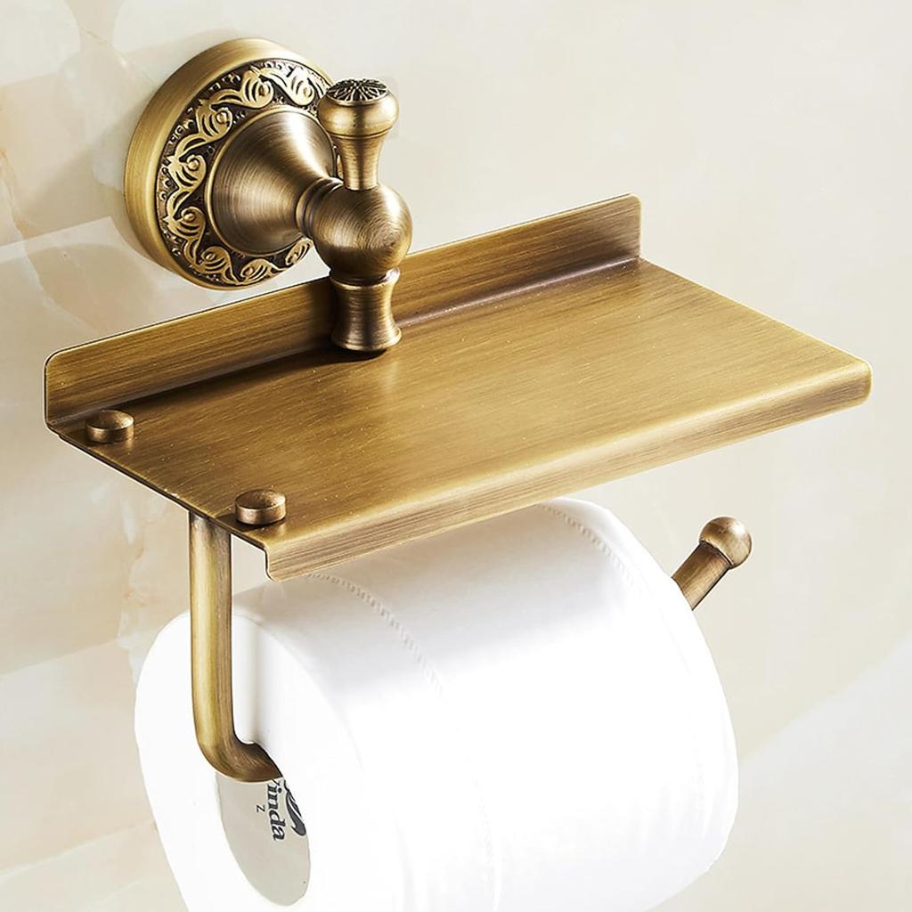 Toilet Paper Holder with Phone Shelf, Bathroom Toilet Paper Roll Holder Antique Bronze Brass Wall Mounted Bathroom Hardware Accessories,Pattern