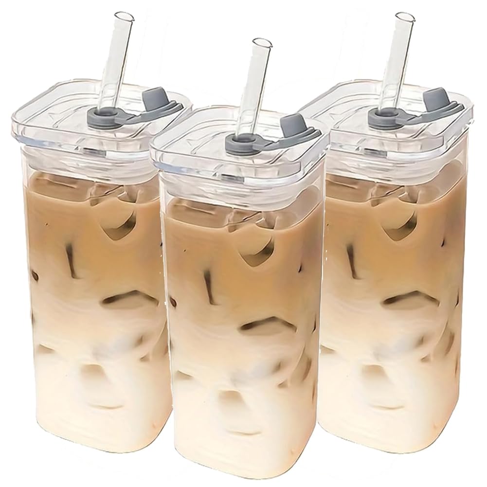 1/4pcs Portable Drinking Cup Unique Rectangular Heat-Resistant Glass Mug with Lid & Straw Durable for Hot or Cold Beverages