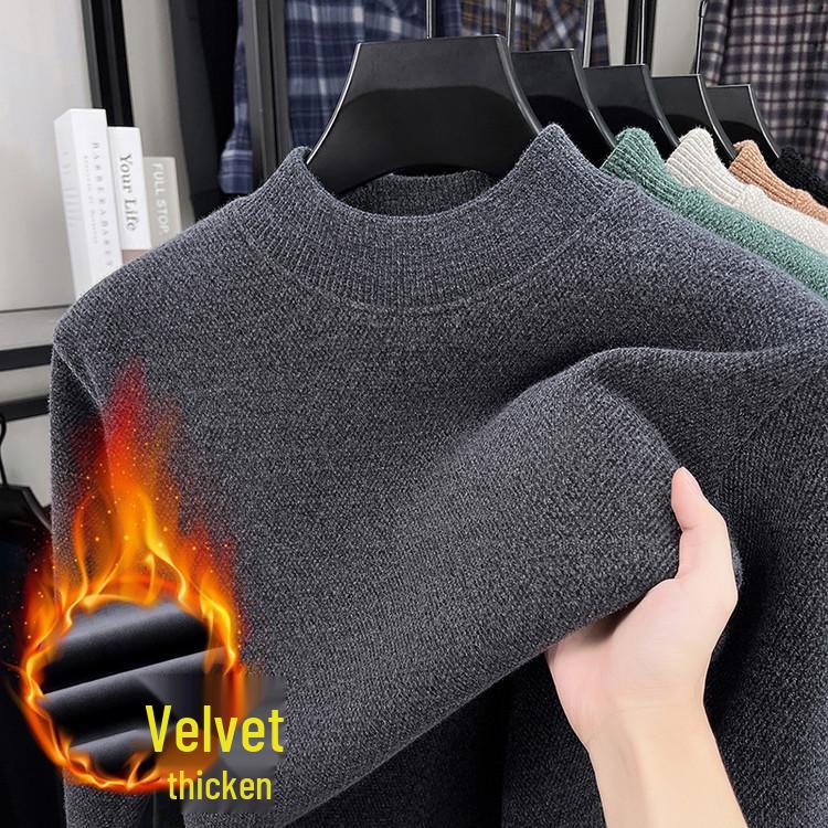 Men's Autumn/Winter Chenille Knit Half-High Neck Velvet-Enhanced Base Layer Sweater