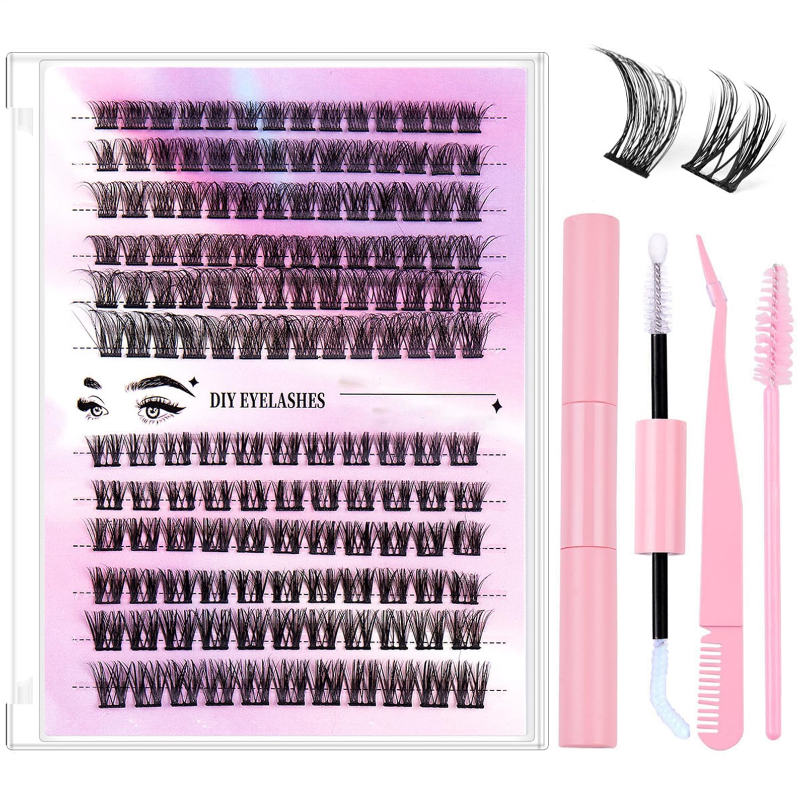 

Eyelash Extension 150 PCS Mix Lash Clusters False Eyelashes with Lash Bond and Seal Glue for DIY Lash Extension Kit Kit, 30D+40D (Pink, A) розовый