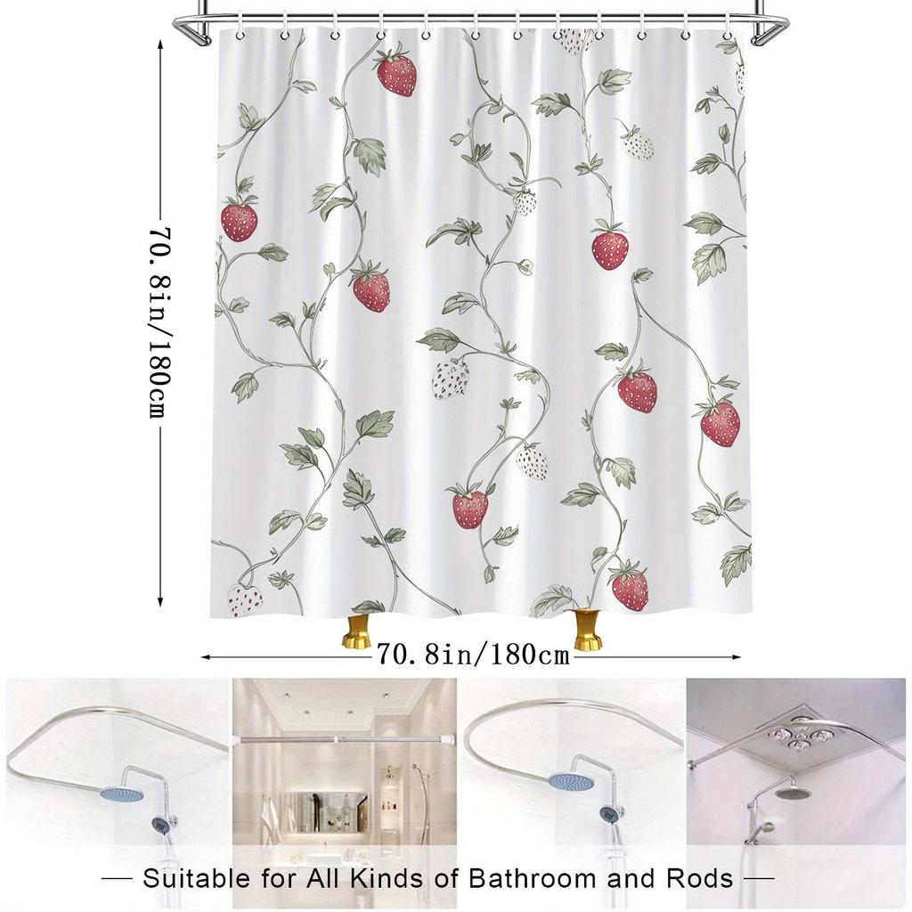 1 Strawberry Pattern Shower Curtain - Polyester Fabric with Hooks, White Background, Delicate Strawberry and Leaf Pattern
