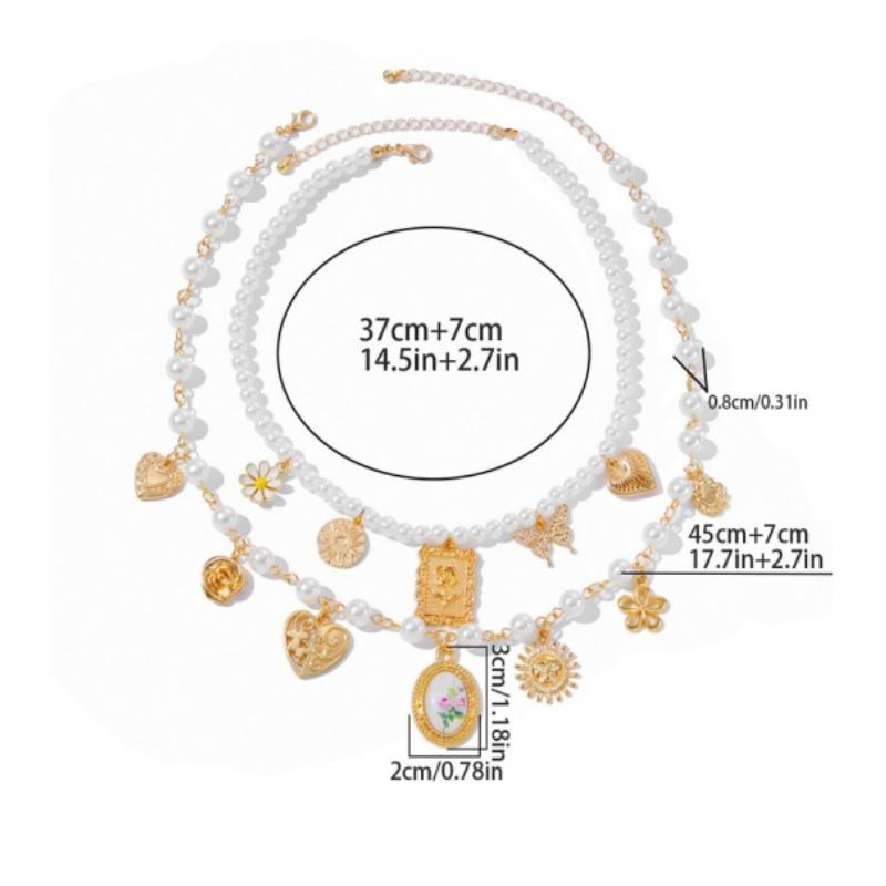 2Pcs/Set Sunflower Heart Geometric Pendant Necklace For Women Luxury Imitation Pearl Chain Necklaces French Palace Jewelry