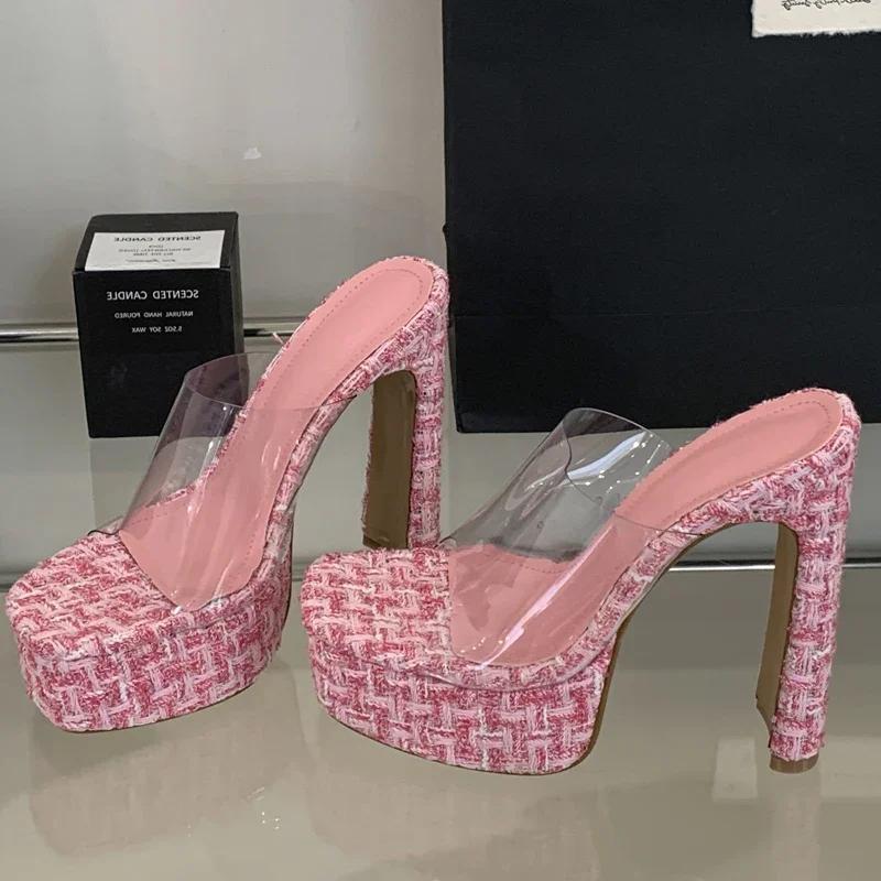 Fashion High Quality Clear PVC High Heel Slippers Women Summer Peep Toe Slides Sandals Elegant Square Platform Sandals Party Slide Heels