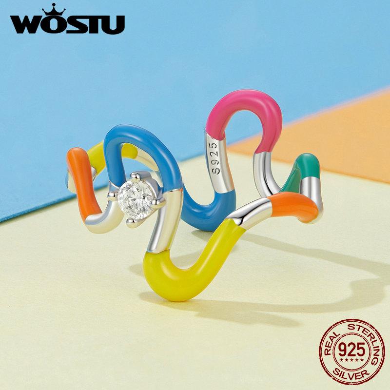 WOSTU 925 Sterling Silver Rainbow Wave Prsteny pro ženy Nepravidelný Twist Ring bonbónové barvy Party Šperky Dárek k narozeninám