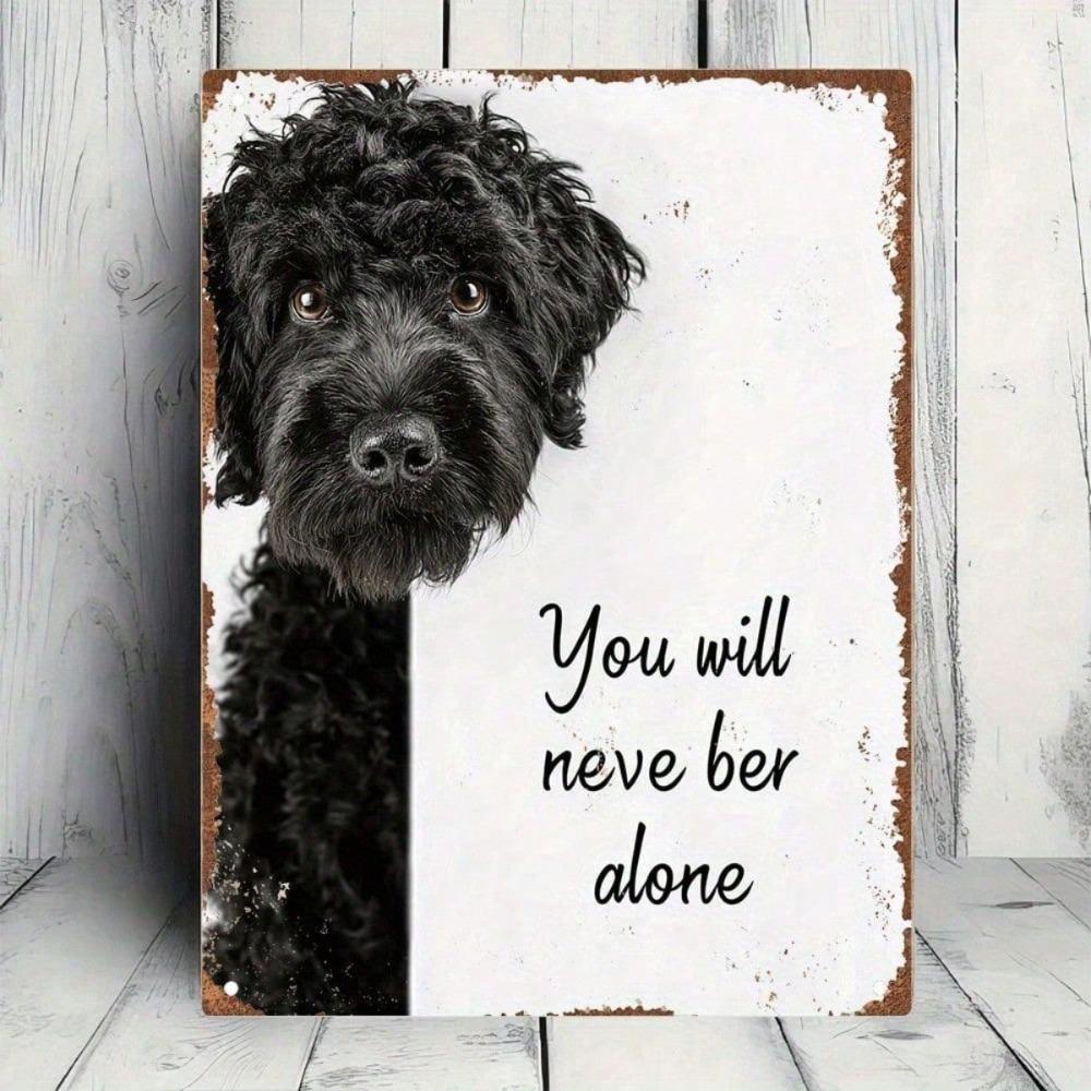 Vintage Black Labradoodle Peeking Behind Rustic Metal Sign Wall Art – 2D Flat Dog Decor, Pet Lover Gift, \Never Alone\