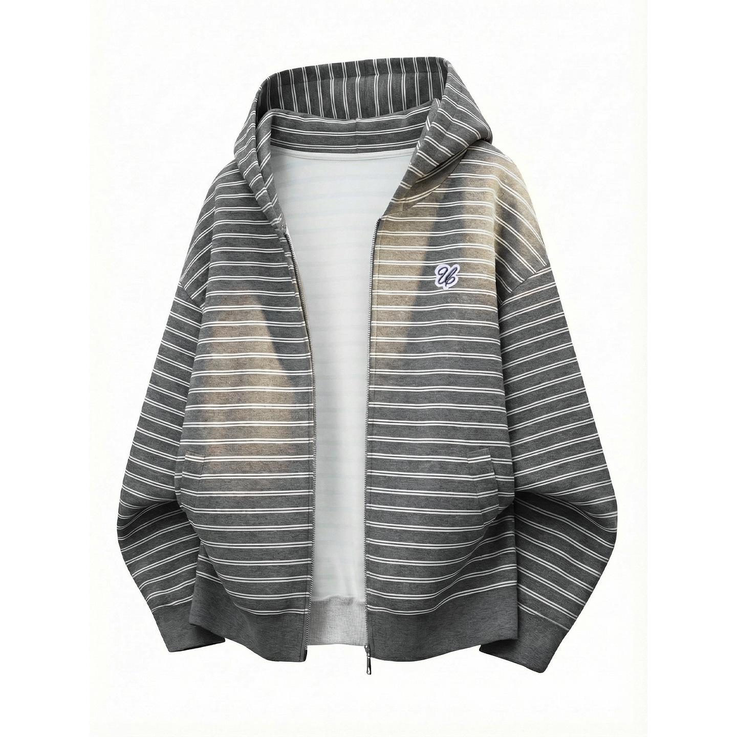 

Men s Spring Color-Blocked Striped Zipper Hoodie - Heavyweight Short Wide Hooded Sweatshirt Jacket M сірий колір