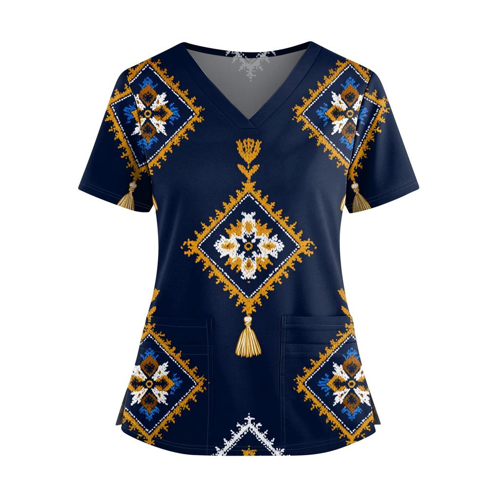 Ladies' Fashionable Floral Print V-neck Double Pocket Short Sleeved Shirt With Slit Hem And Protective Worker's Top