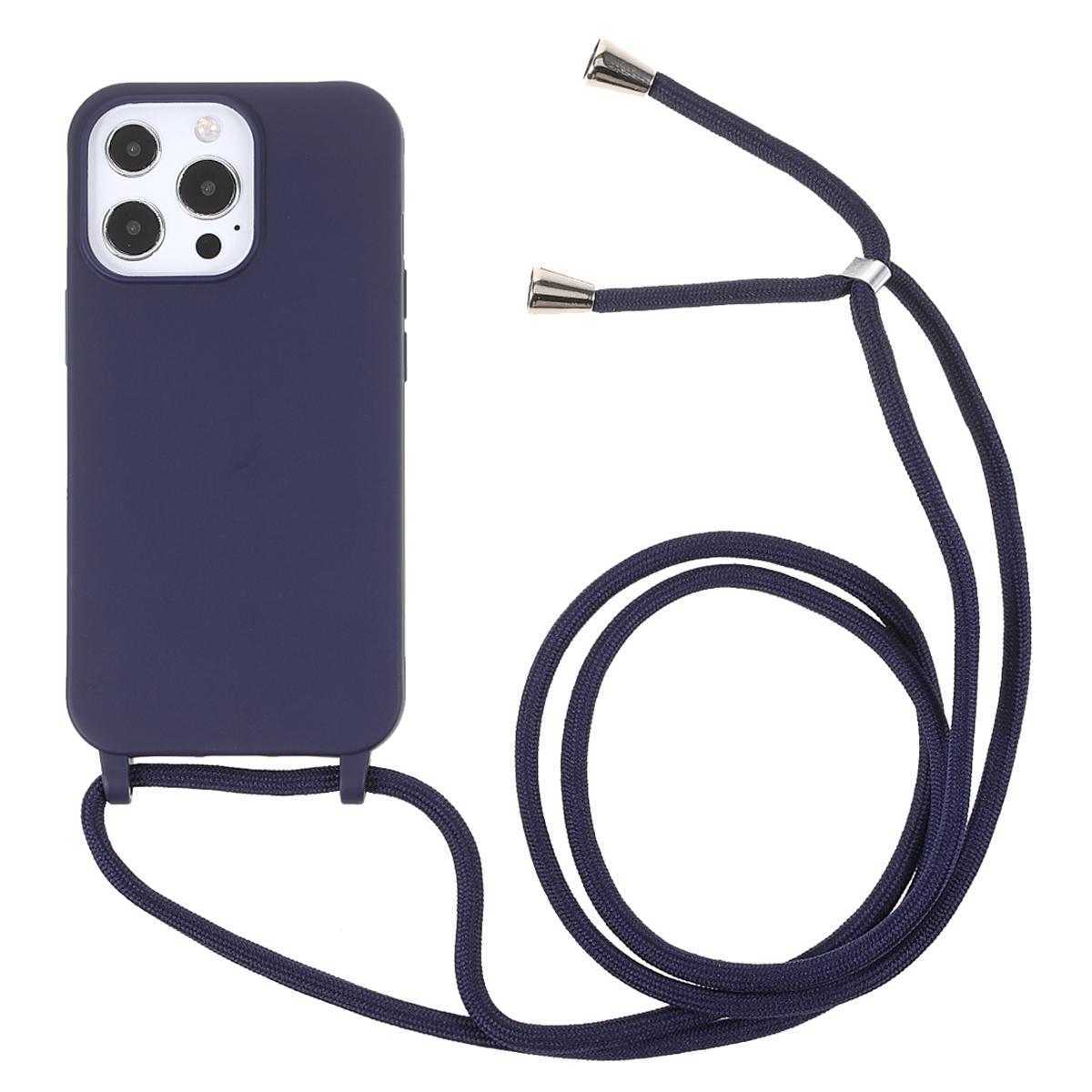 

For iPhone 16 Pro Max Case TPU Soft Shockproof Phone Cover with Adjustable Lanyard Dark Blue