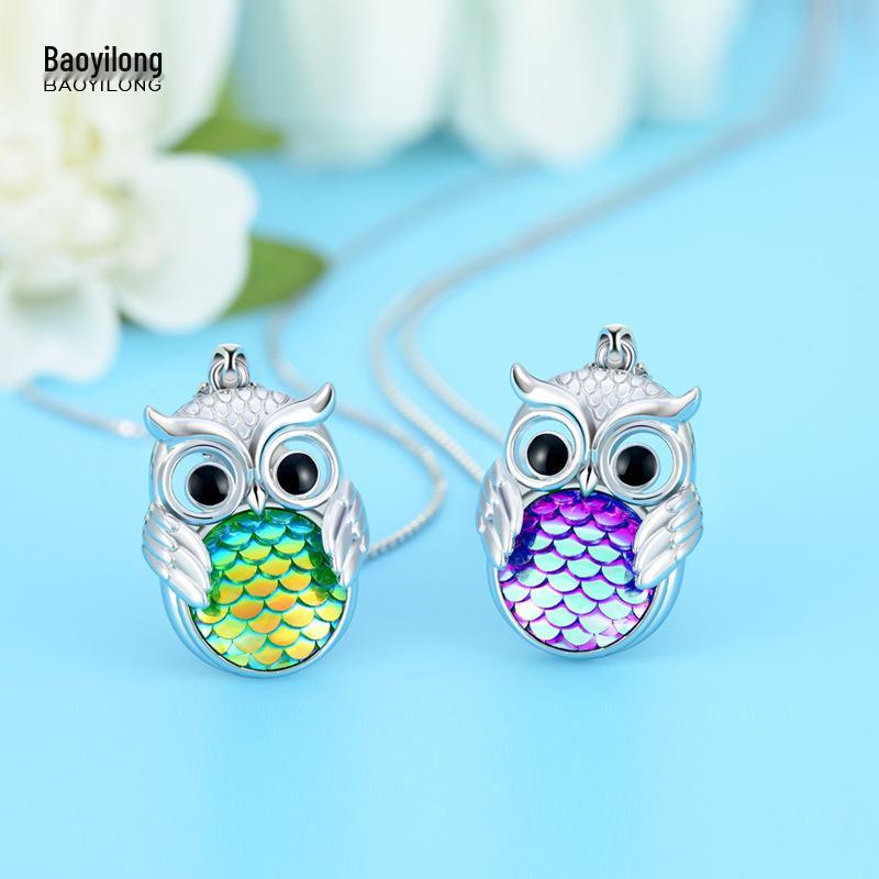 

S925 Silver Owl Pendant Necklace with Colorful Fish Scale Design for Women S925 Silver