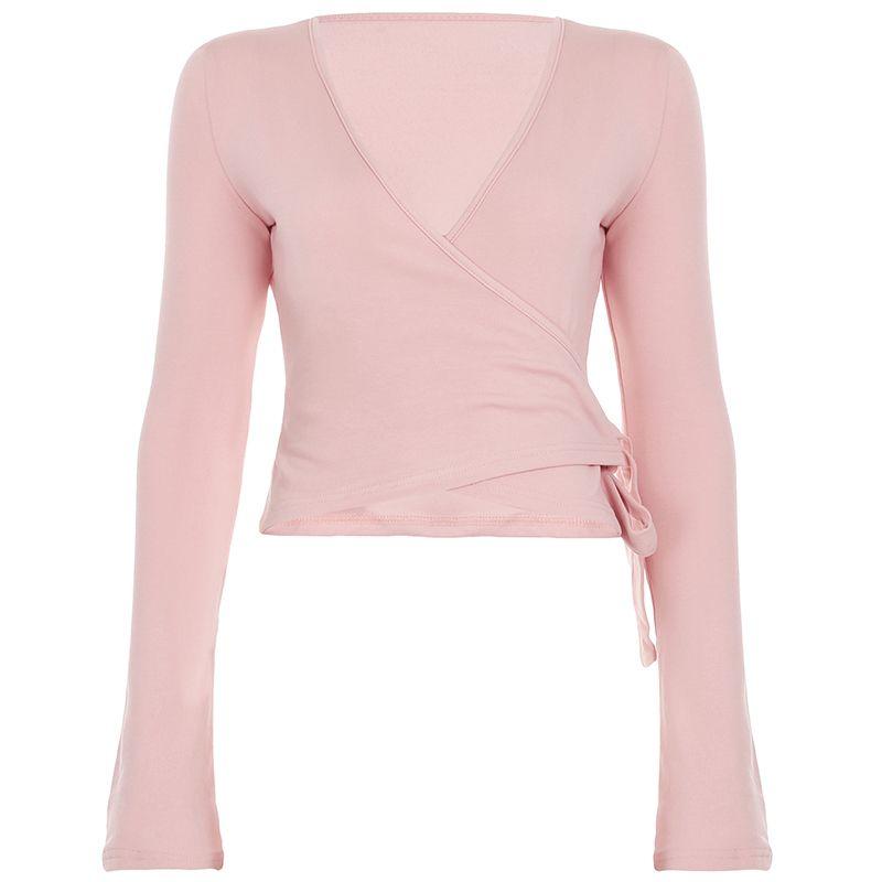 

Darlingaga Basic Simple Home Leisure Set Women Cross V-neck Waist Hugging Lace-up Knit t-shirt + Trousers Light Pink [Tops]] S