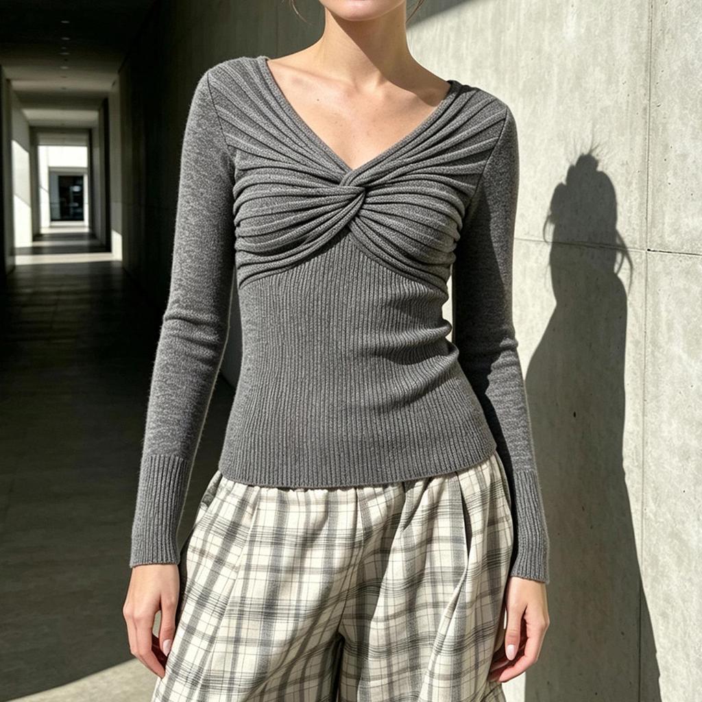 Women's European & American Style Grey Twist Slim-fit Pleated V-neck Long Sleeve Top