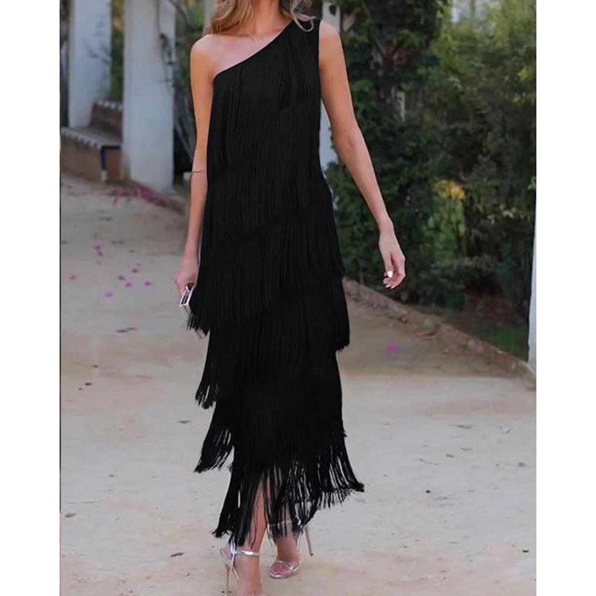 Spring Summer New European American Fashion Fringe One-shoulder Asymmetrical Evening Dress Party Gown S чёрный