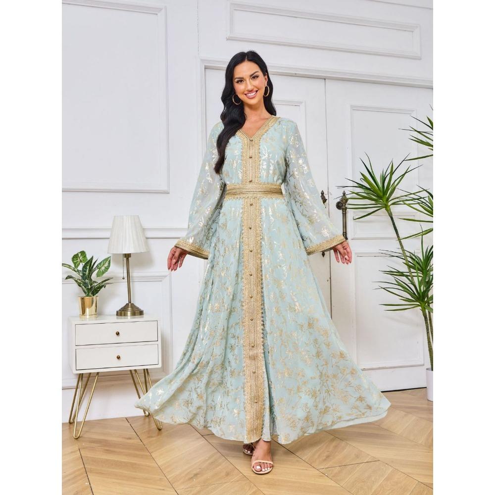 Women's Evening Gown: Stylish Long Dress Featuring Textured Floral Patterns and Gold Foil Accents