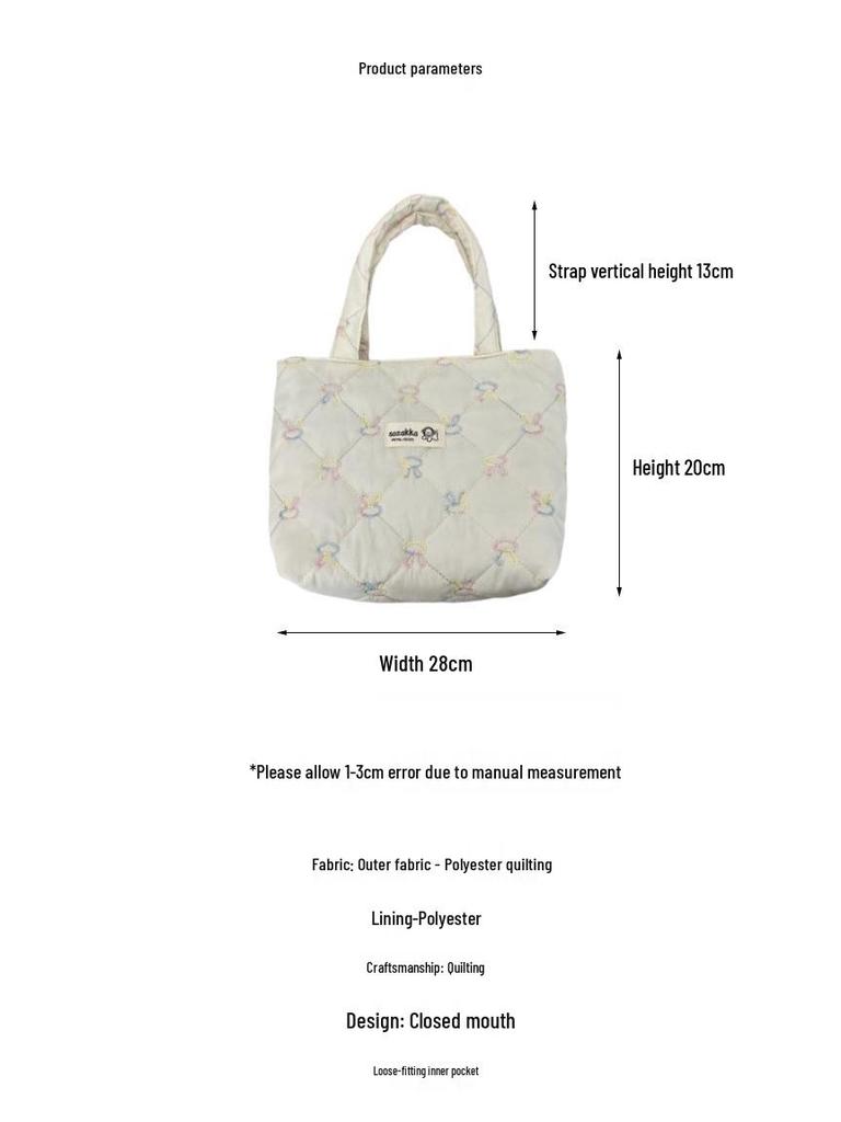 Korean Style Quilted Bow Embroidery Handheld Canvas Handbag for Women 2026 New