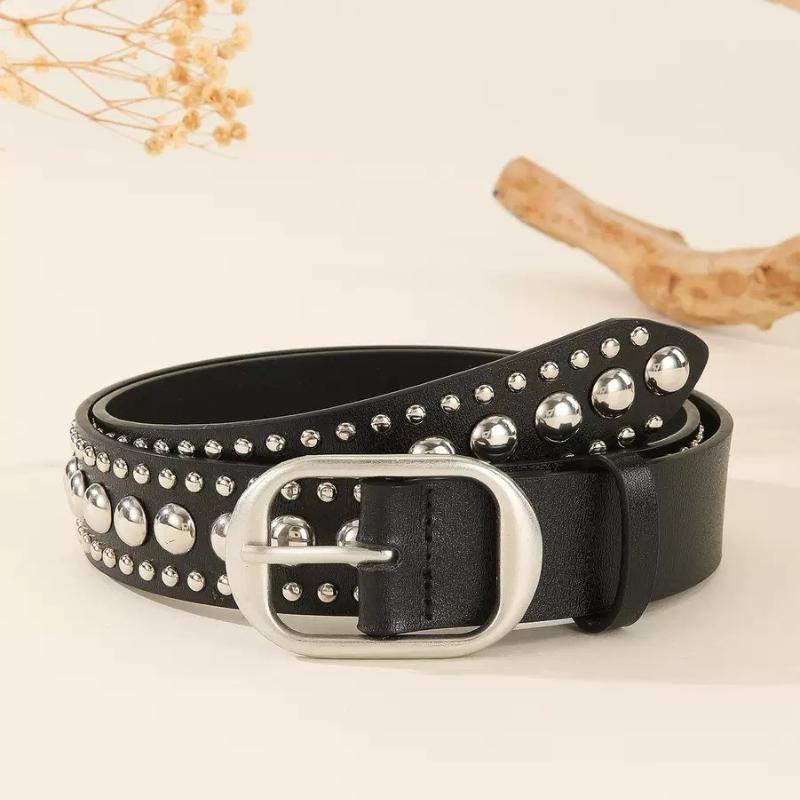 Ladies' Fashionable and Versatile Casual Jeans with Rivet Waistband Narrow Alloy Needle Buckle Retro and Trendy Belt