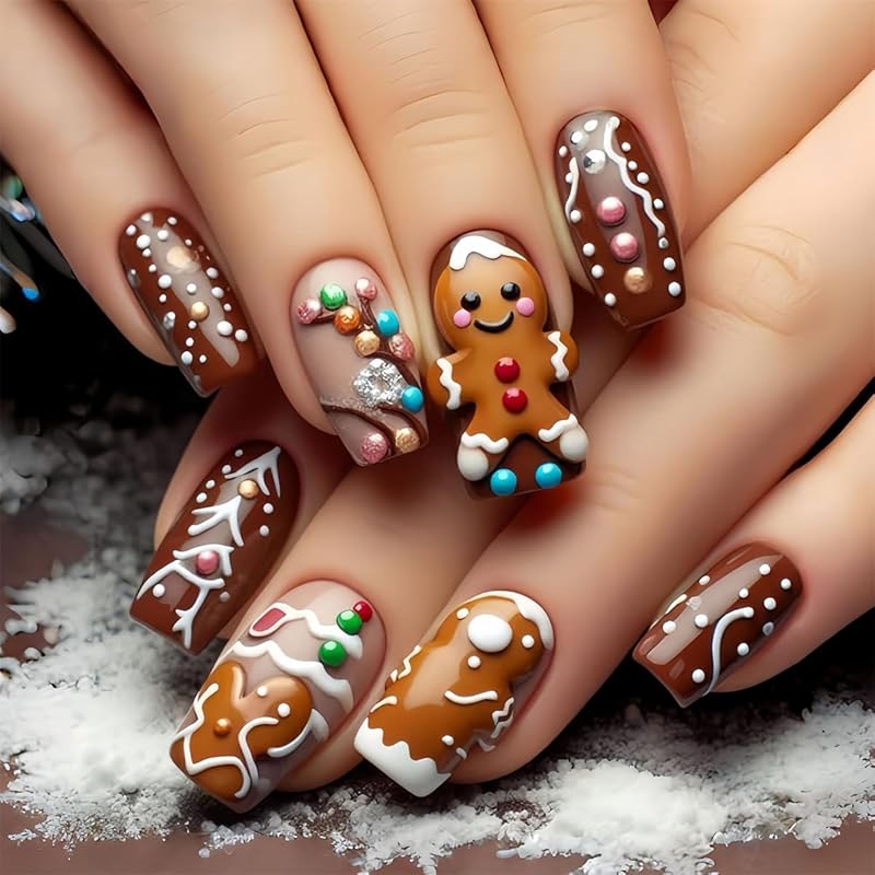 Christmas Cute Press On Nails Square Fake Nails Winter False Nails with Snowman Snowflake Designs Medium Glue On Nail Gloss Xmas Reusable Acrylic