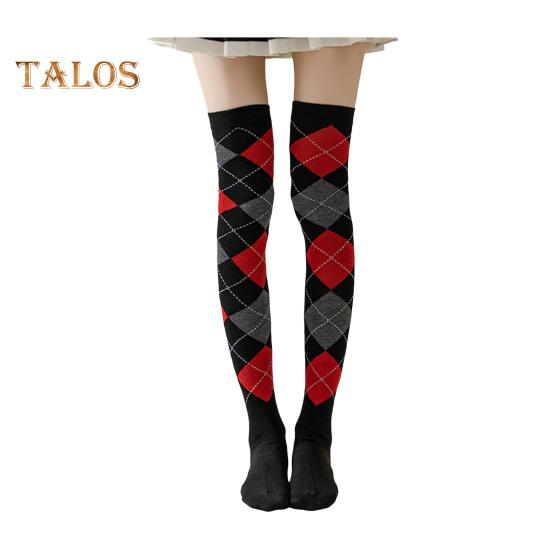 1 Pair Winter Socks Rhombus Printing Over-the-knee Socks Warm Extra Loose Ankles Contrasting Color Stockings for Daily Wear Dancing